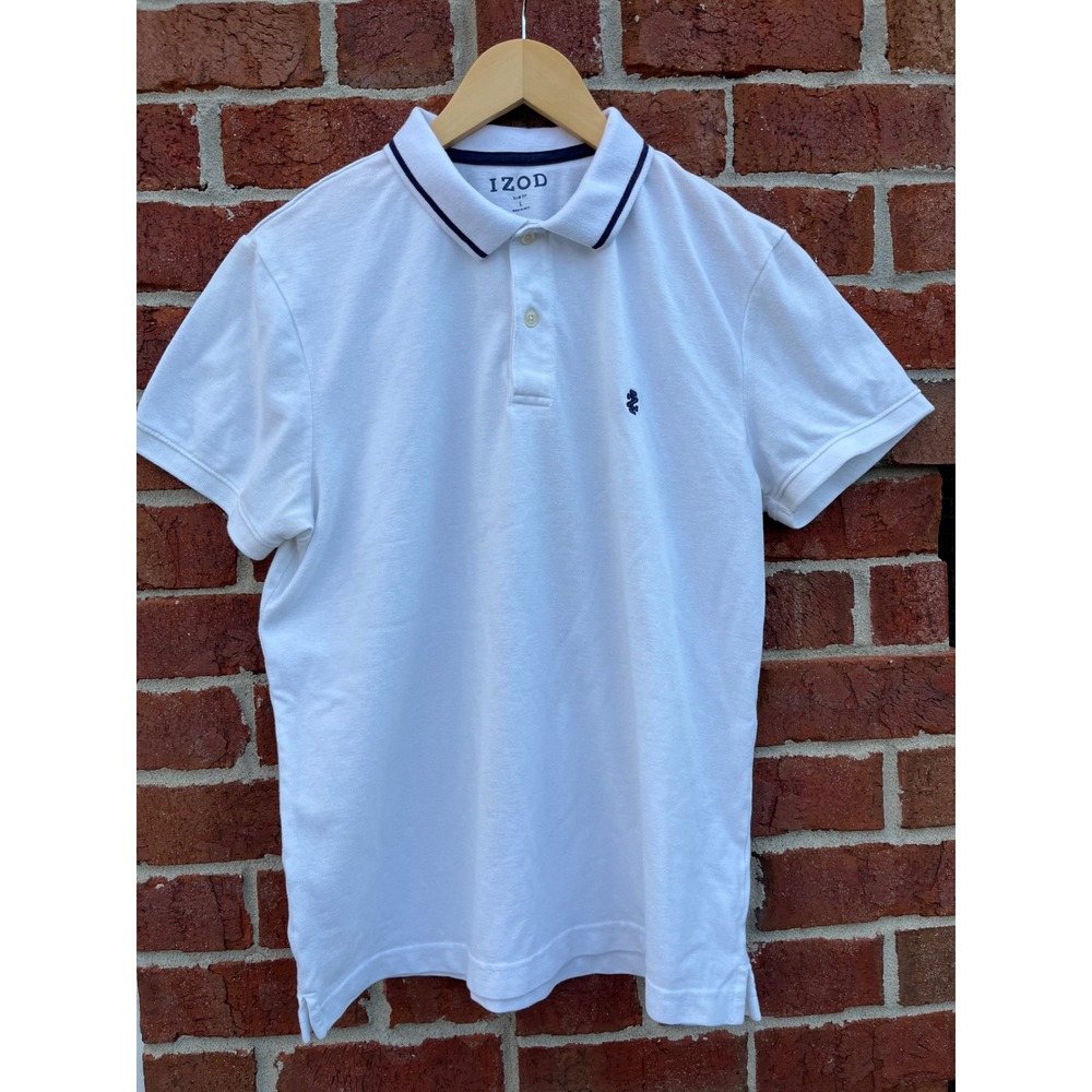Izod Mens Slim Fit Polo Shirt Large White Navy Blue Trim Pique Short Sleeve